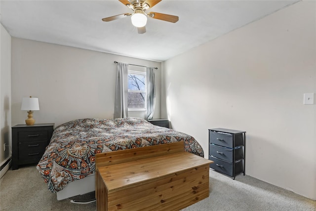 bedroom with light carpet and ceiling fan