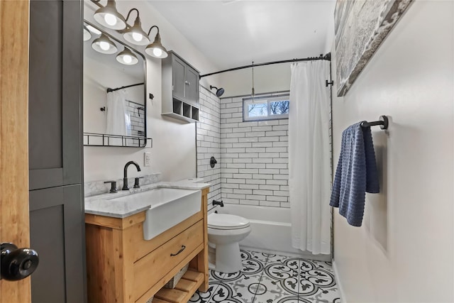 full bathroom with vanity, shower / bath combination with curtain, tile patterned floors, and toilet