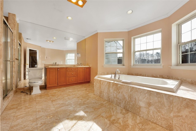 full bathroom featuring crown molding, vanity, toilet, and plus walk in shower