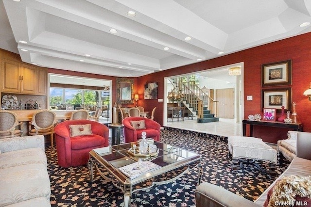 living room featuring beam ceiling