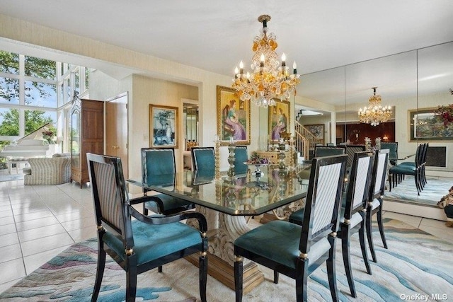 tiled dining space with an inviting chandelier