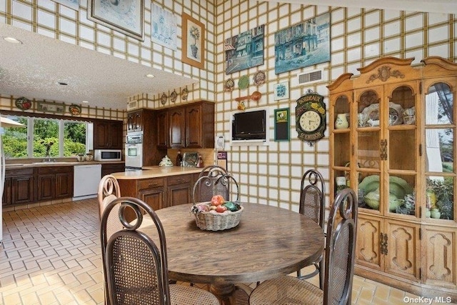 dining space featuring sink, a towering ceiling, and a textured ceiling