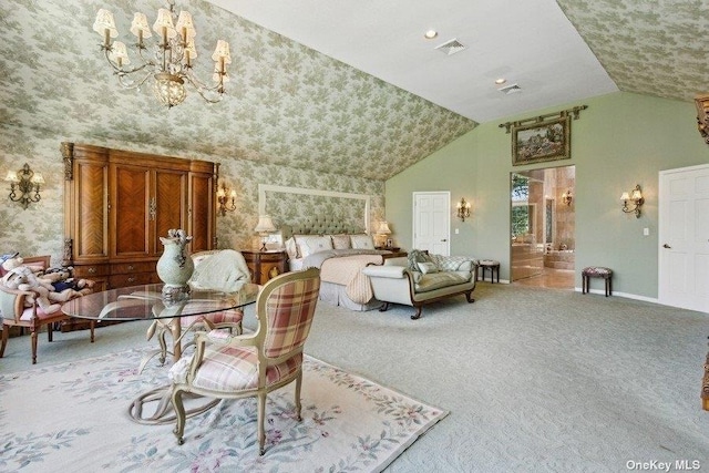 bedroom featuring carpet floors, high vaulted ceiling, a chandelier, and ensuite bathroom