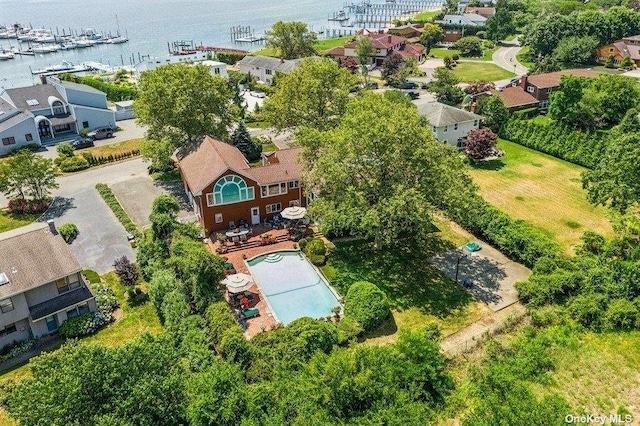 drone / aerial view featuring a water view