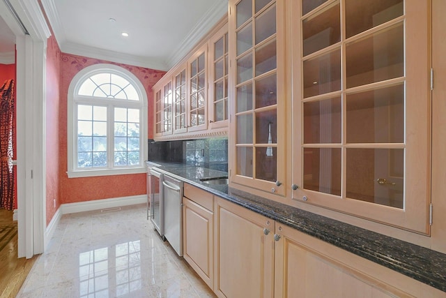 kitchen featuring light brown cabinetry, tasteful backsplash, ornamental molding, dishwasher, and dark stone counters