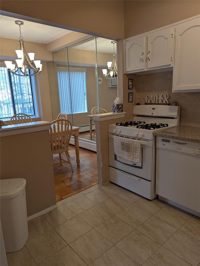 kitchen featuring pendant lighting, white cabinets, a baseboard heating unit, a notable chandelier, and white appliances