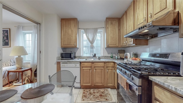 kitchen featuring under cabinet range hood, plenty of natural light, appliances with stainless steel finishes, and a sink