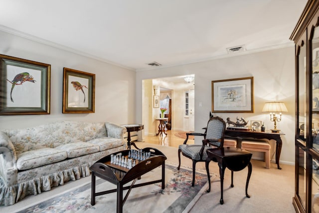 living room with ornamental molding and light carpet