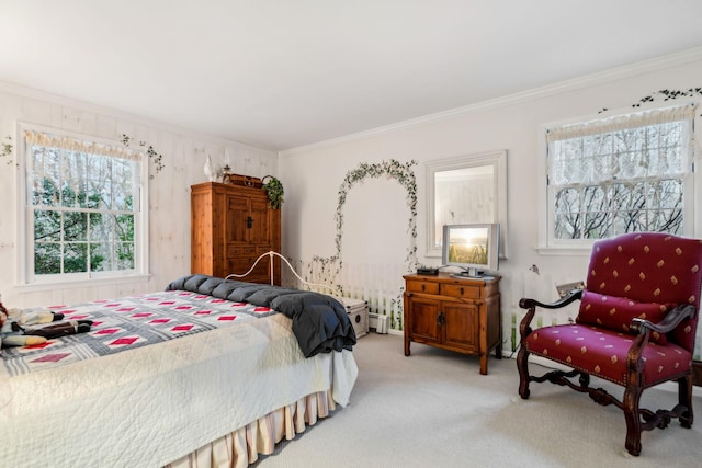 carpeted bedroom featuring ornamental molding