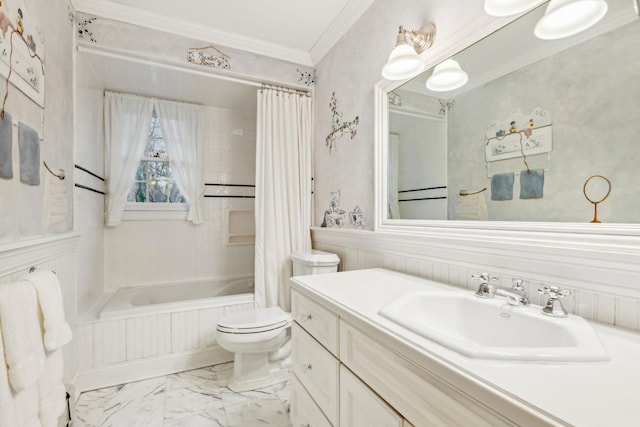 full bathroom featuring vanity, crown molding, shower / bath combination with curtain, and toilet