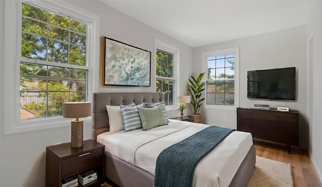 bedroom with multiple windows and light wood-type flooring