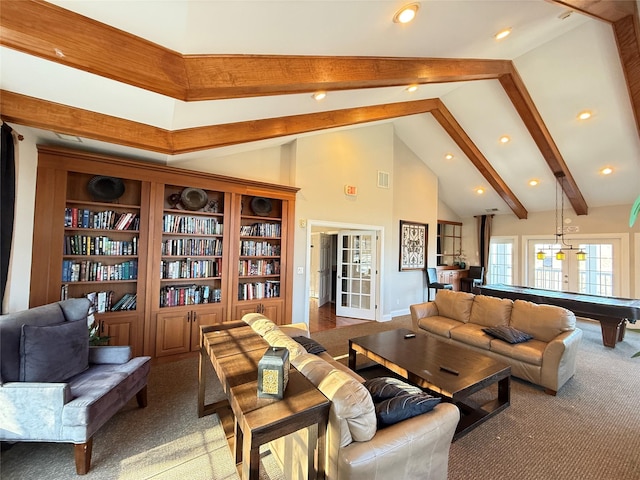 carpeted living room featuring french doors, pool table, beam ceiling, and high vaulted ceiling