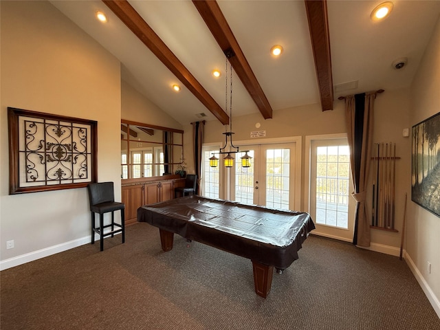 game room with dark carpet, pool table, lofted ceiling with beams, and french doors