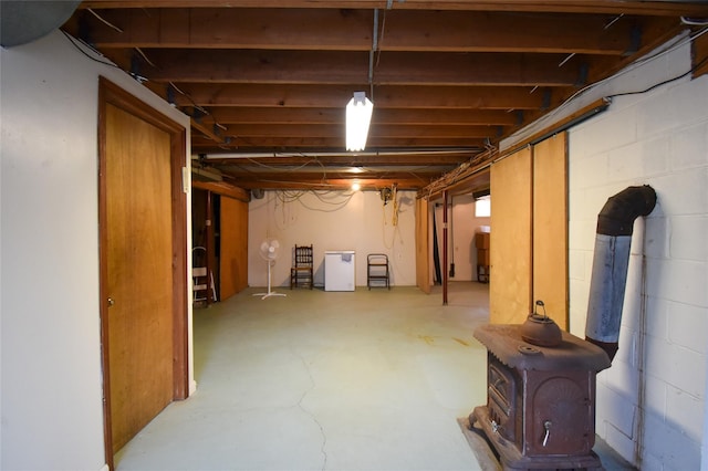 basement with a wood stove