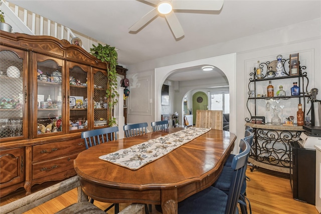 dining room featuring ceiling fan and light wood-type flooring