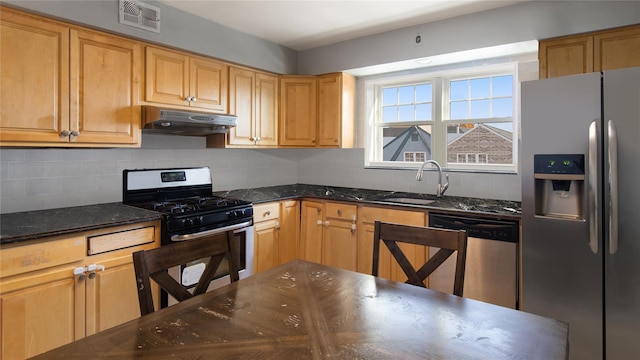 kitchen with stainless steel appliances, sink, backsplash, and dark stone counters