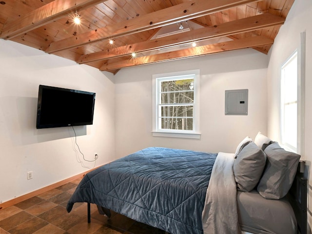 bedroom with lofted ceiling with beams, electric panel, and wood ceiling