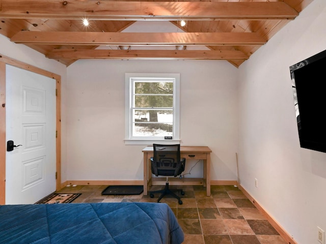 bedroom with lofted ceiling with beams and wooden ceiling