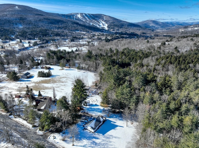 snowy aerial view featuring a mountain view