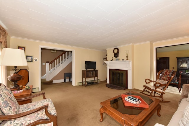 living room with light colored carpet, ornamental molding, and a baseboard heating unit