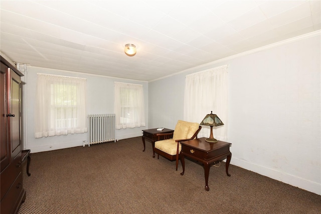 living area with ornamental molding, radiator heating unit, and dark carpet