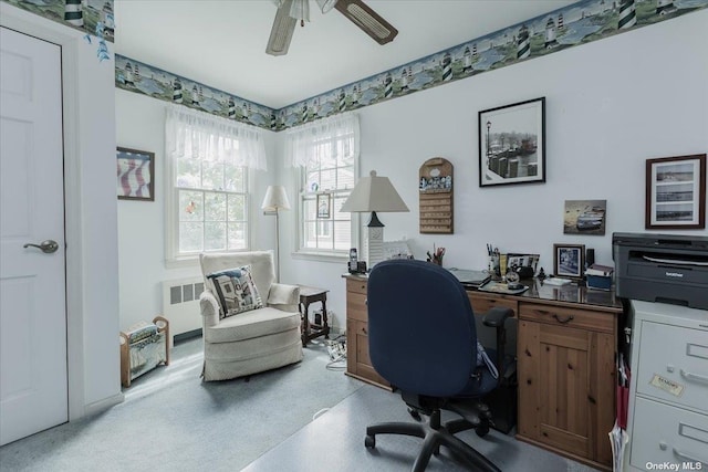 home office featuring radiator heating unit and ceiling fan