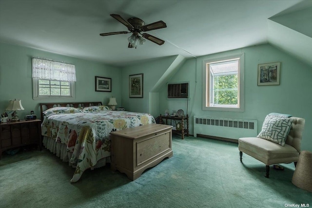 bedroom with vaulted ceiling, an AC wall unit, radiator, ceiling fan, and light carpet