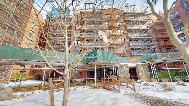 view of snow covered building