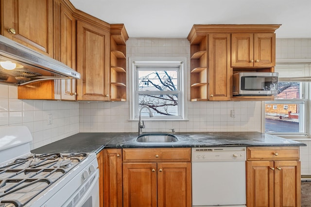 kitchen featuring sink, white appliances, range hood, and backsplash