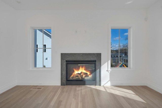 details featuring hardwood / wood-style flooring and a high end fireplace