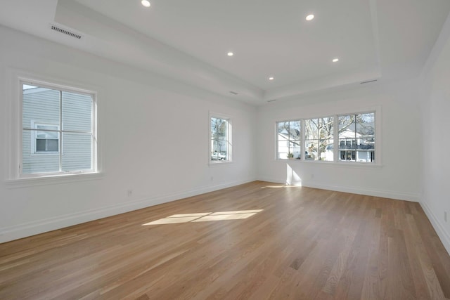 spare room with a tray ceiling and light hardwood / wood-style floors