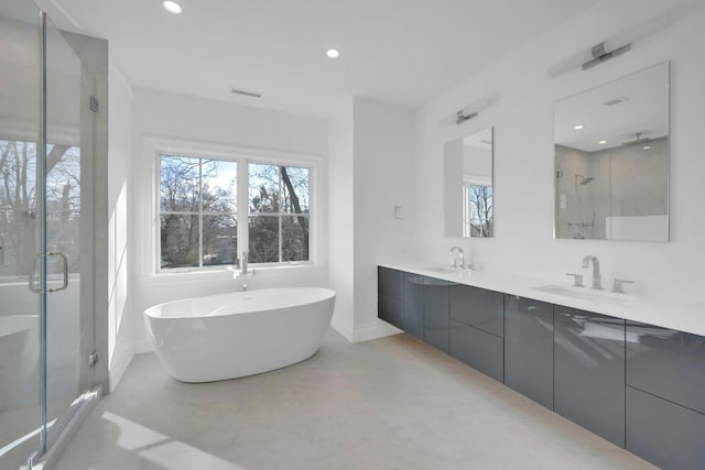 bathroom with vanity and independent shower and bath