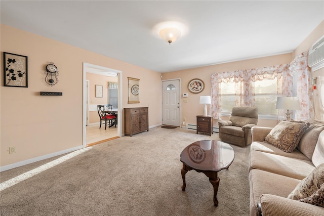 living room with light colored carpet and baseboard heating