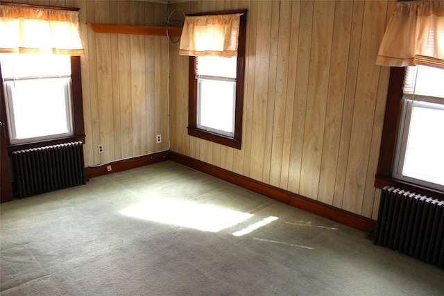 unfurnished room featuring radiator, plenty of natural light, and light colored carpet