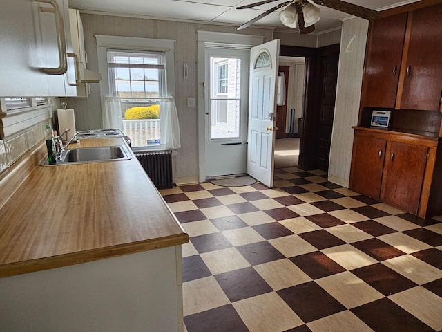 kitchen with sink, radiator heating unit, ceiling fan, and wood walls