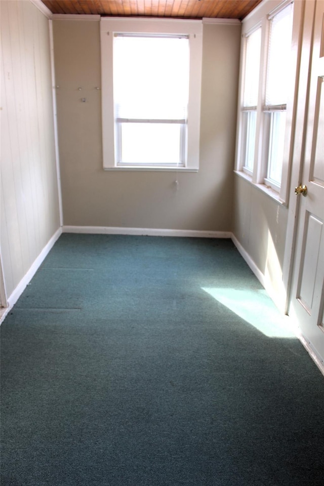 unfurnished room with wood ceiling, a healthy amount of sunlight, and dark colored carpet