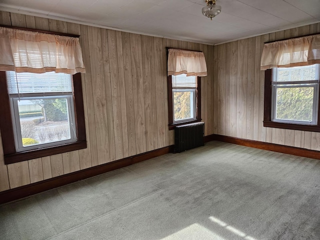 unfurnished room with radiator, ornamental molding, and carpet