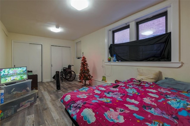 bedroom with hardwood / wood-style floors and two closets