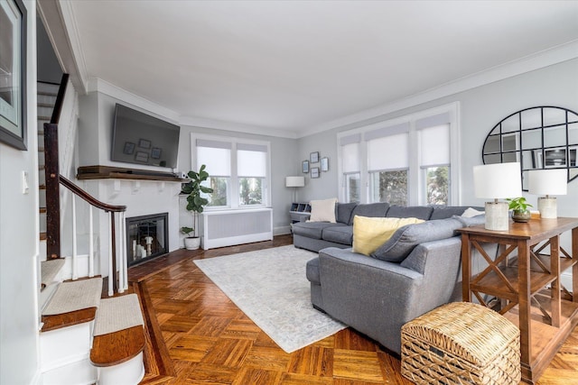 living room featuring ornamental molding, radiator heating unit, and dark parquet flooring