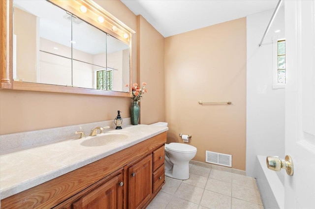 full bathroom featuring vanity, tile patterned flooring, shower / tub combination, and toilet