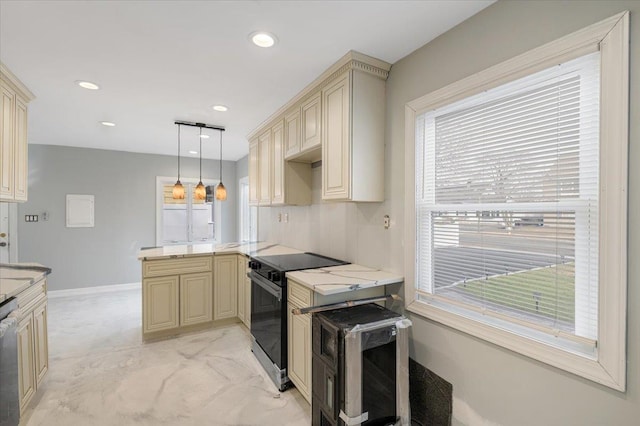 kitchen with cream cabinets, hanging light fixtures, kitchen peninsula, light stone countertops, and black range with electric cooktop