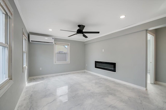 unfurnished living room with ornamental molding, ceiling fan, and a wall unit AC