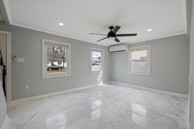 spare room with ornamental molding, ceiling fan, and a wall unit AC