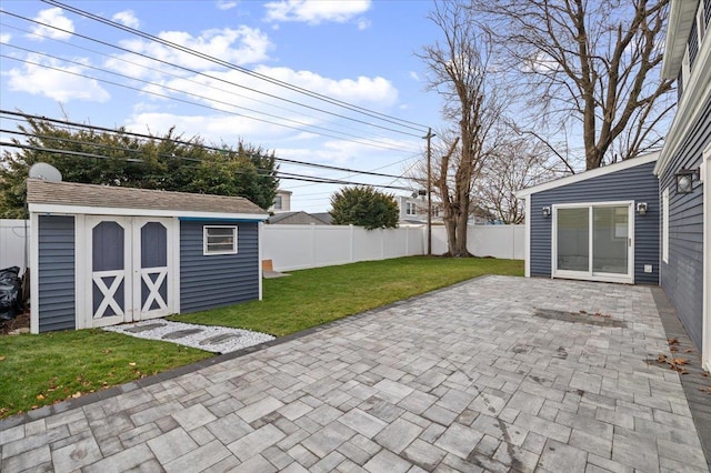 view of patio / terrace with a storage shed