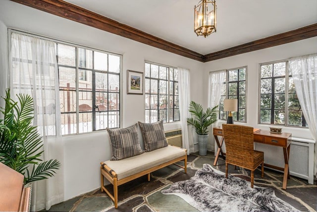 240-25 Alameda Ave, Douglaston, NY 11362 - home office featuring a chandelier, ornamental molding, and radiator