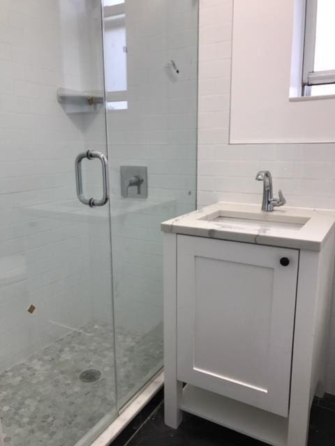 bathroom featuring vanity and a shower with shower door