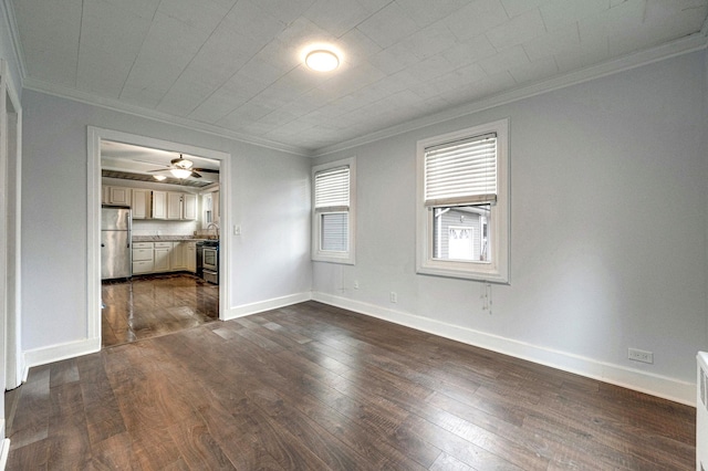 unfurnished living room featuring crown molding, ceiling fan, and dark hardwood / wood-style flooring