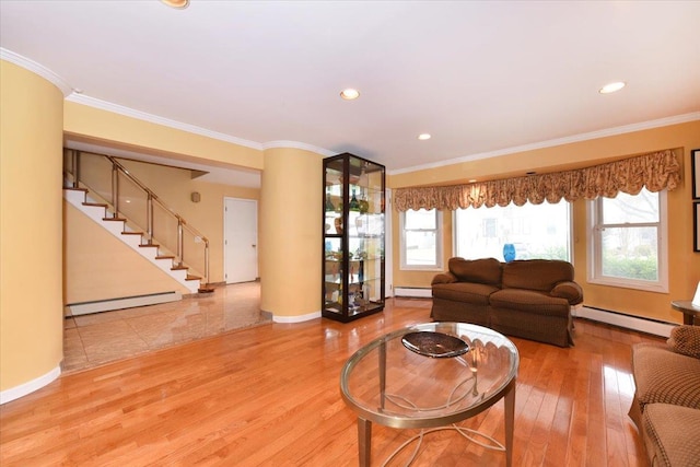 living room with baseboard heating, wood finished floors, ornamental molding, stairs, and recessed lighting