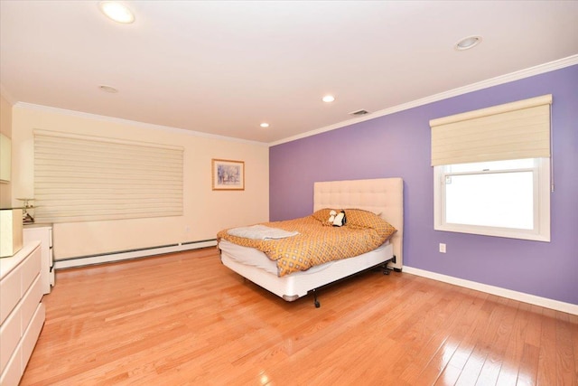 bedroom with baseboard heating, crown molding, light wood-type flooring, baseboards, and recessed lighting