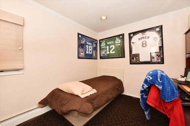 carpeted bedroom with a baseboard radiator, crown molding, recessed lighting, and baseboards